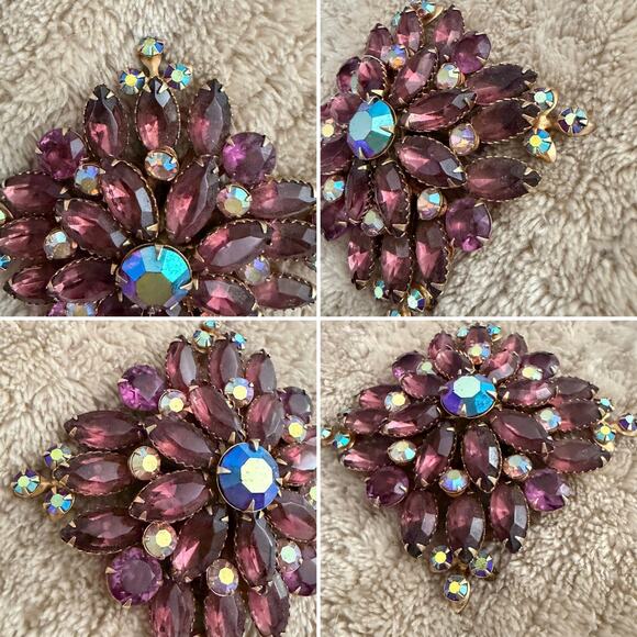Vintage AB Aurora Borealis & Purple Rhinestones Gold Tone Oversized Brooch Pin - Picture 3 of 4